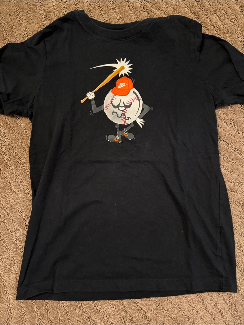 Nike Black Kids Short Sleeve Tee with Graphic Baseball Character